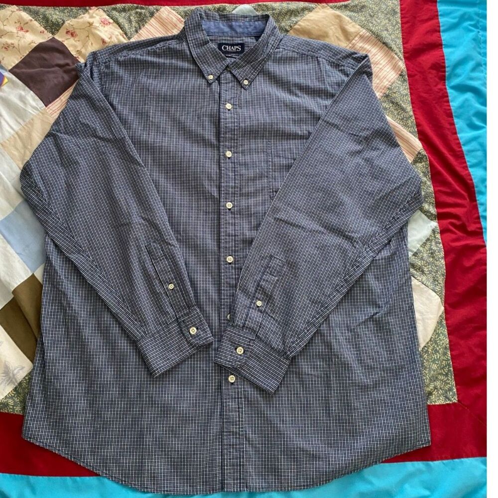 Chaps Micro Check Blue Black White Long Sleeve Button Up Size XXL